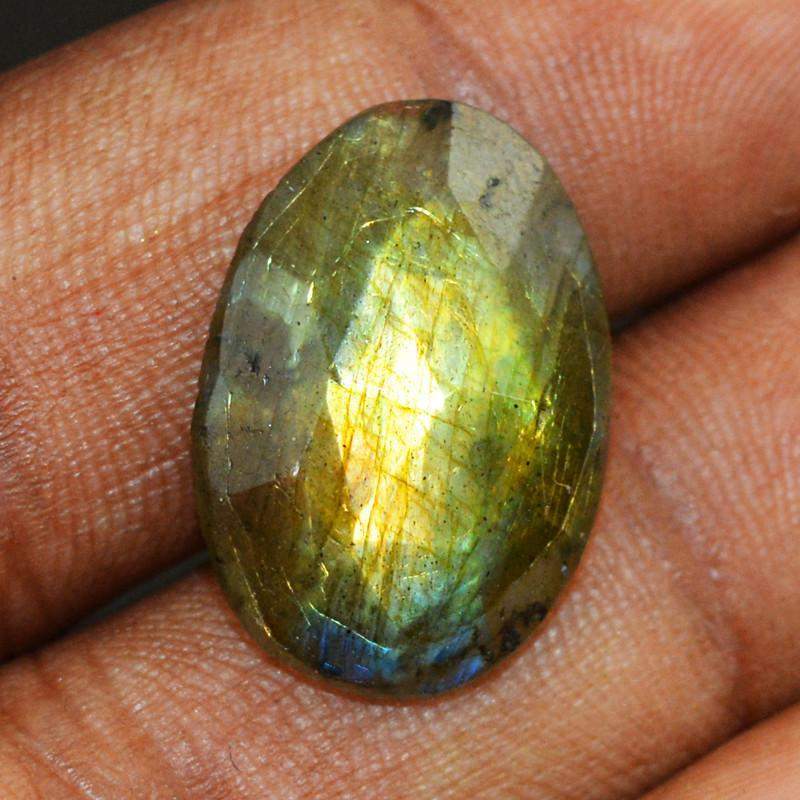 gemsmore:Natural Golden Flash Labradorite Checkered Cut Oval Shape Gemstone