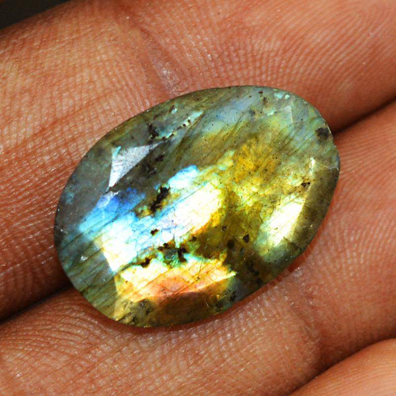 gemsmore:Natural Golden Flash Labradorite Checkered Cut Oval Shape Gemstone