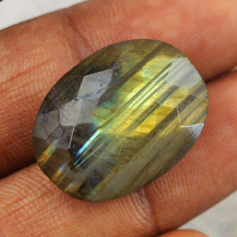 gemsmore:Natural Golden Flash Labradorite Checkered Cut Oval Shape Gemstone