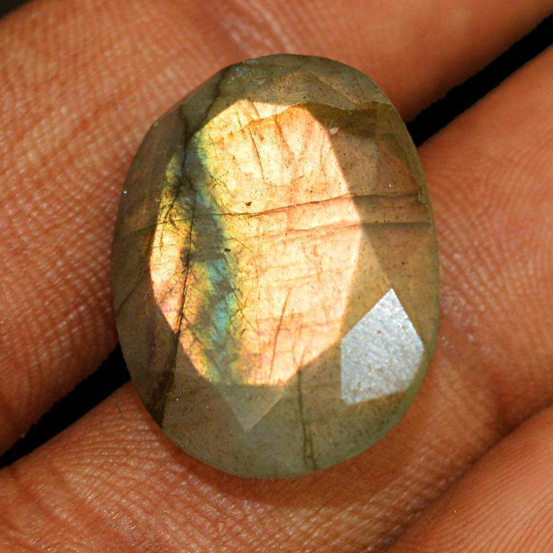 gemsmore:Natural Golden Flash Labradorite Checkered Cut Oval Shape Gemstone