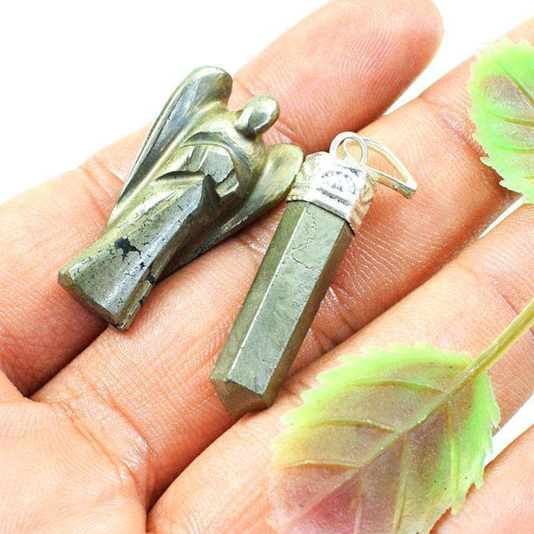 gemsmore:Natural Golden Pyrite Healing Angel &  Point Pendant Set