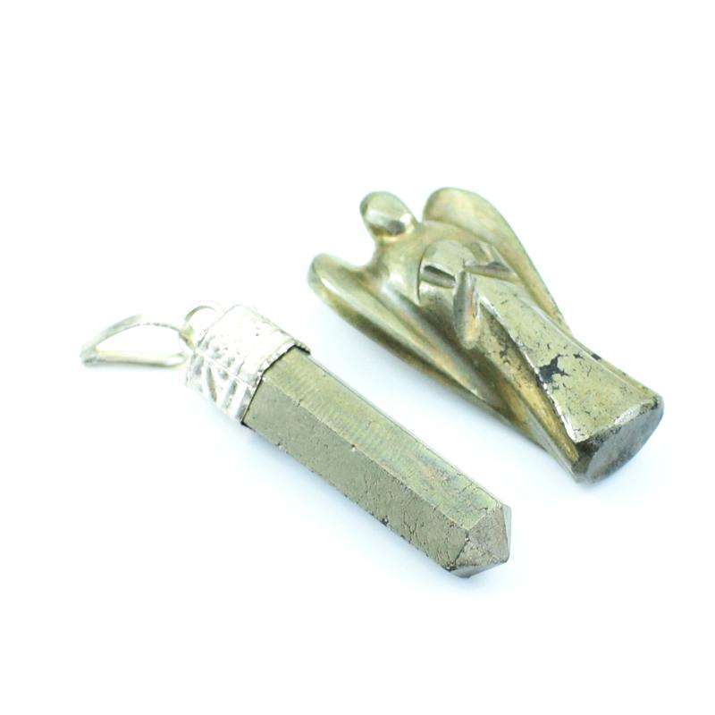 gemsmore:Natural Golden Pyrite Healing Angel &  Point Pendant Set