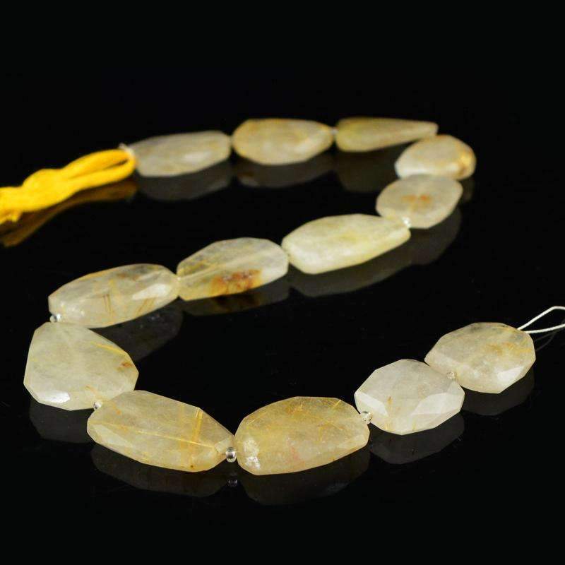 gemsmore:Natural Golden Rutile Quartz Strand Faceted Drilled Beads