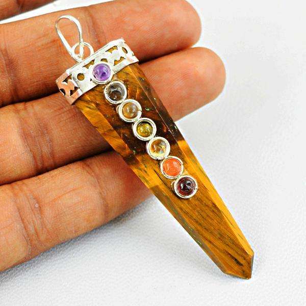 gemsmore:Natural Golden Seven Chakra Tiger Eye Crystal Healing Wand Point Pendant