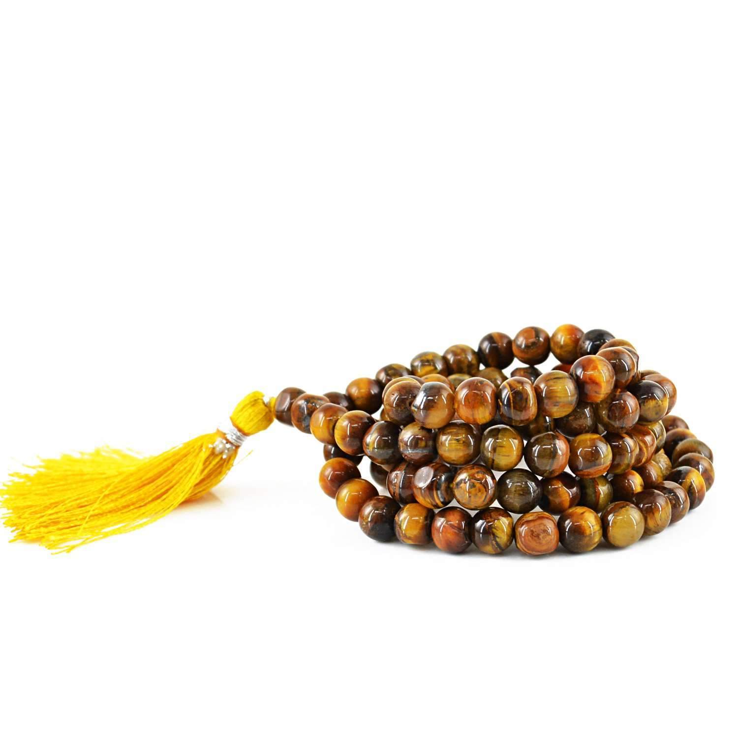 gemsmore:Natural Golden Tiger Eye 108 Round Beads Necklace Prayer Mala