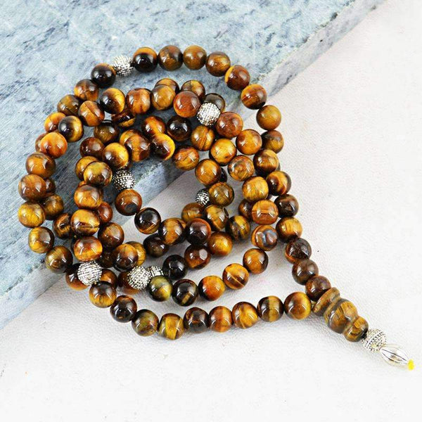 gemsmore:Natural Golden Tiger Eye 108 Round Beads Necklace Prayer Mala