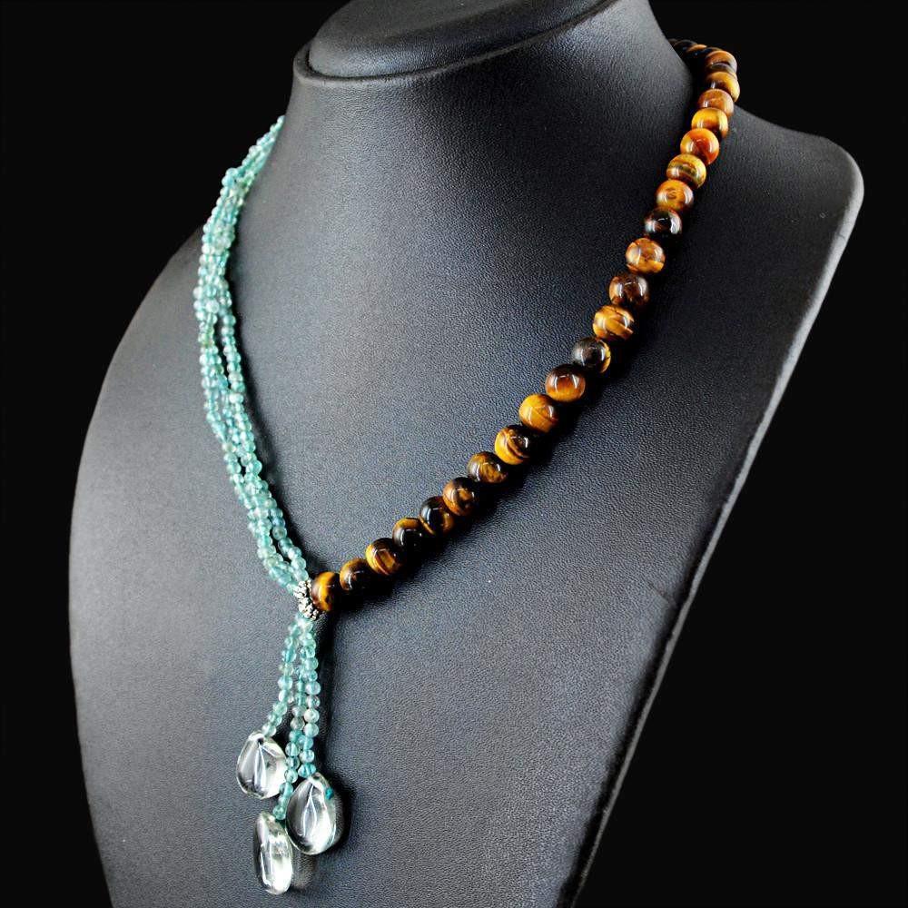 gemsmore:Natural Golden Tiger Eye & Blue Apatite Necklace Untreated 20 Inches Long Round Beads