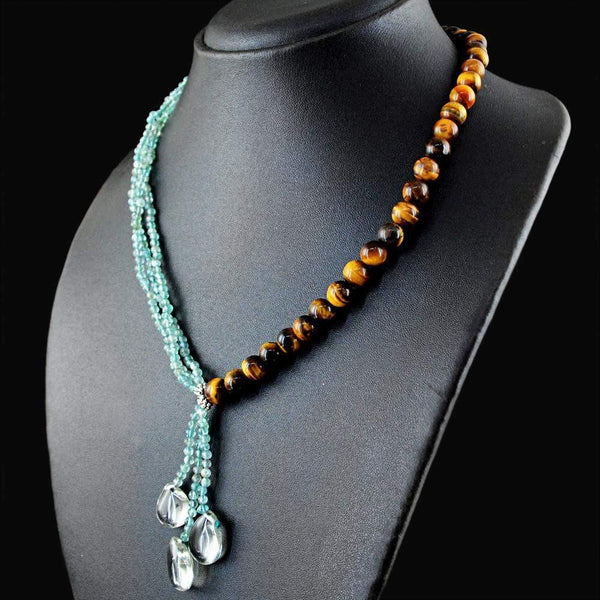 gemsmore:Natural Golden Tiger Eye & Blue Apatite Necklace Untreated 20 Inches Long Round Beads