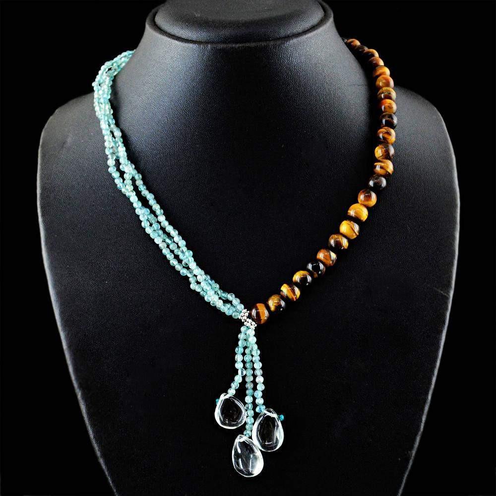 gemsmore:Natural Golden Tiger Eye & Blue Apatite Necklace Untreated 20 Inches Long Round Beads