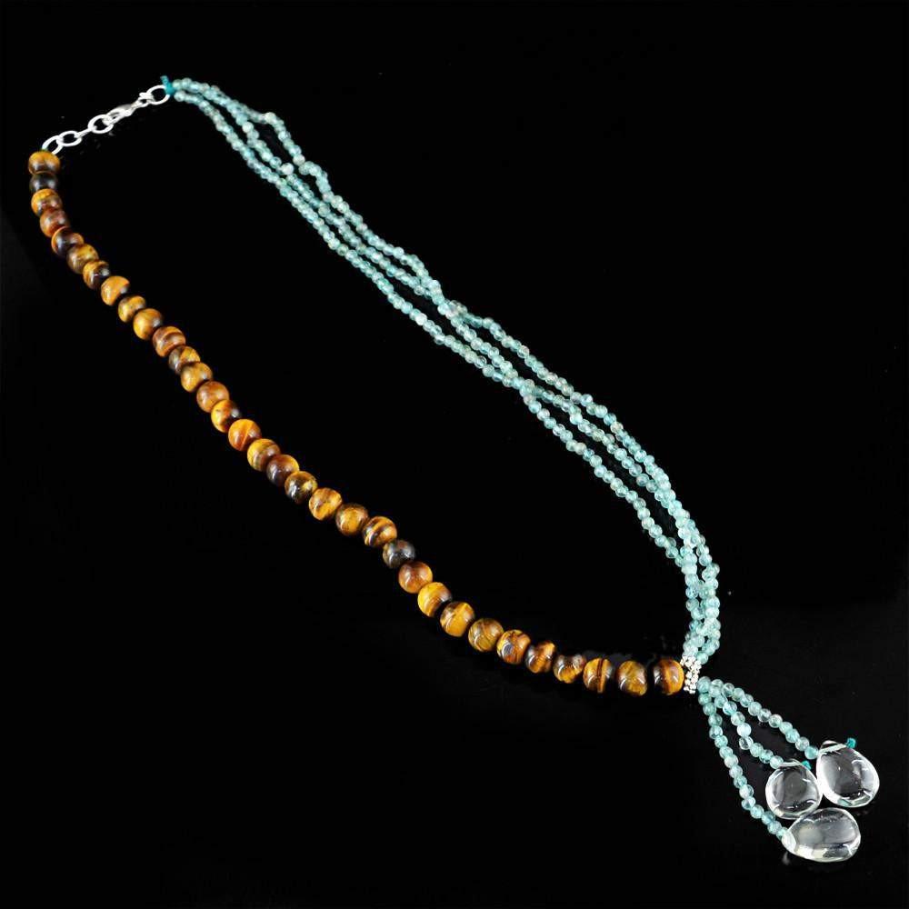 gemsmore:Natural Golden Tiger Eye & Blue Apatite Necklace Untreated 20 Inches Long Round Beads