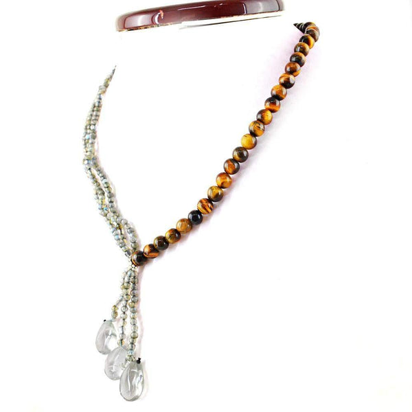 gemsmore:Natural Golden Tiger Eye & Blue Flash Labradorite Necklace Round Shape Beads