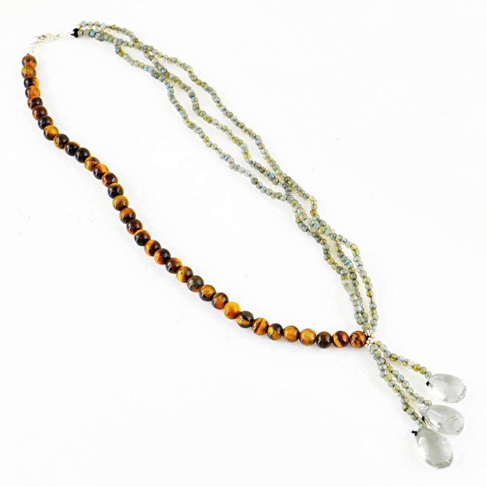 gemsmore:Natural Golden Tiger Eye & Blue Flash Labradorite Necklace Round Shape Beads