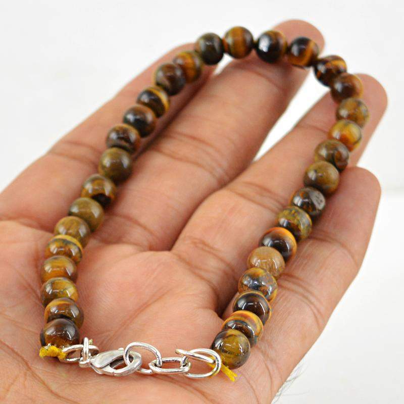 gemsmore:Natural Golden Tiger Eye Bracelet Round Shape Untreated Beads