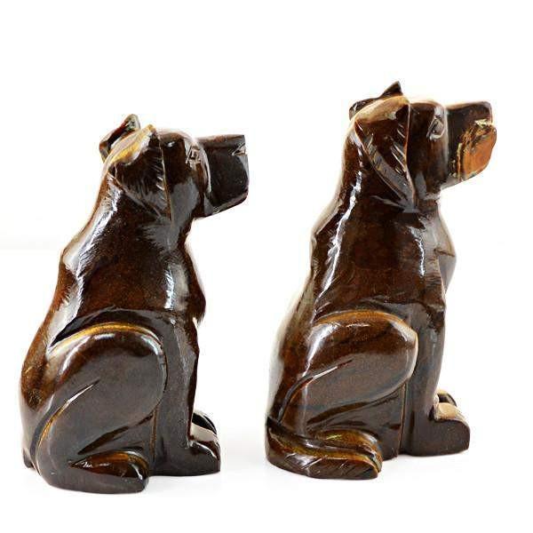 gemsmore:Natural Golden Tiger Eye Carved Dog Gemstone Pair