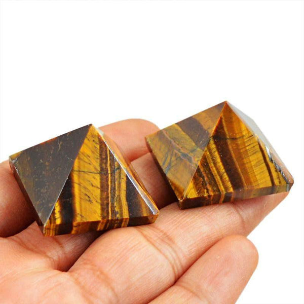 gemsmore:Natural Golden Tiger Eye Gemstone Healing Pyramid Lot