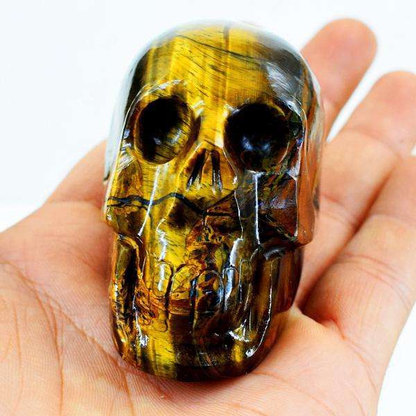 gemsmore:Natural Golden Tiger Eye Hand Carved Human Skull