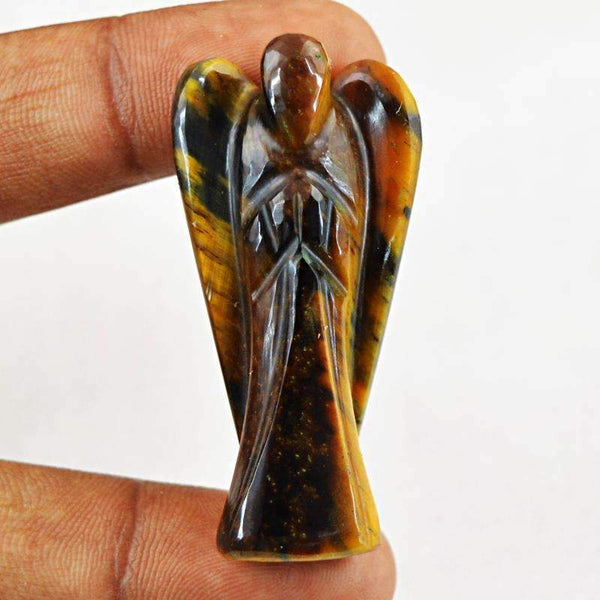 gemsmore:Natural Golden Tiger Eye Healing Carved Angel Gemstone