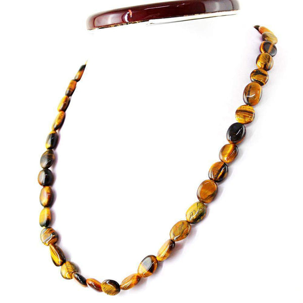 gemsmore:Natural Golden Tiger Eye Necklace Oval Shape Untreated Beads