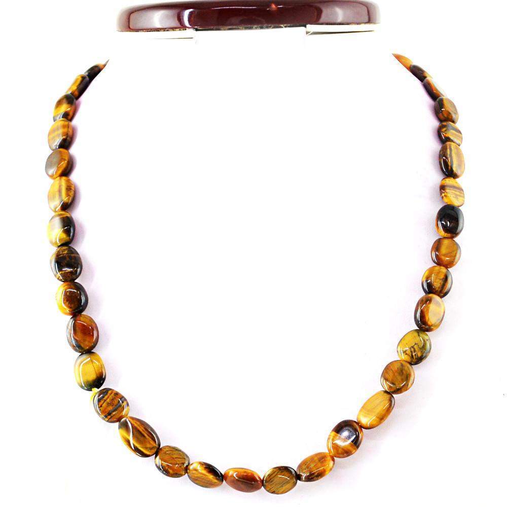 gemsmore:Natural Golden Tiger Eye Necklace Oval Shape Untreated Beads