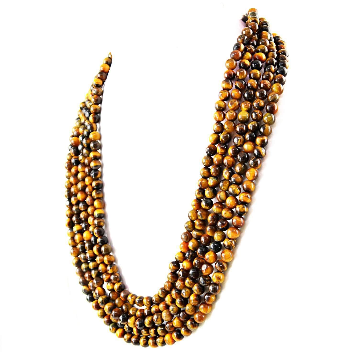 gemsmore:Natural Golden Tiger Eye Necklace Round Beads - 5 Strand