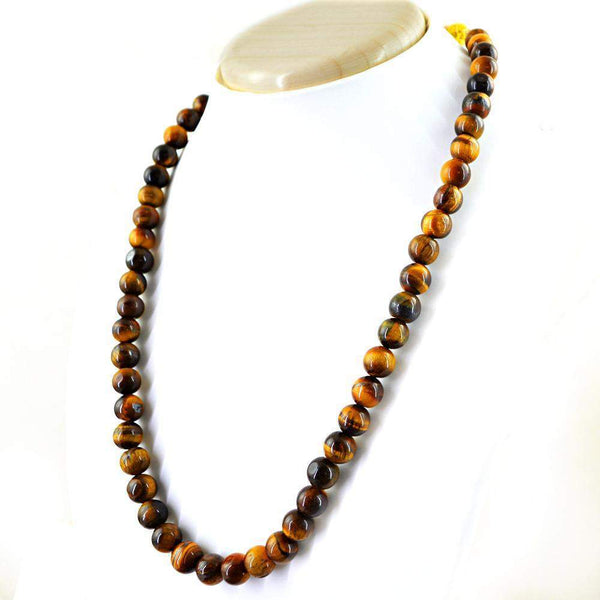 gemsmore:Natural Golden Tiger Eye Necklace Round Shape Untreated Beads