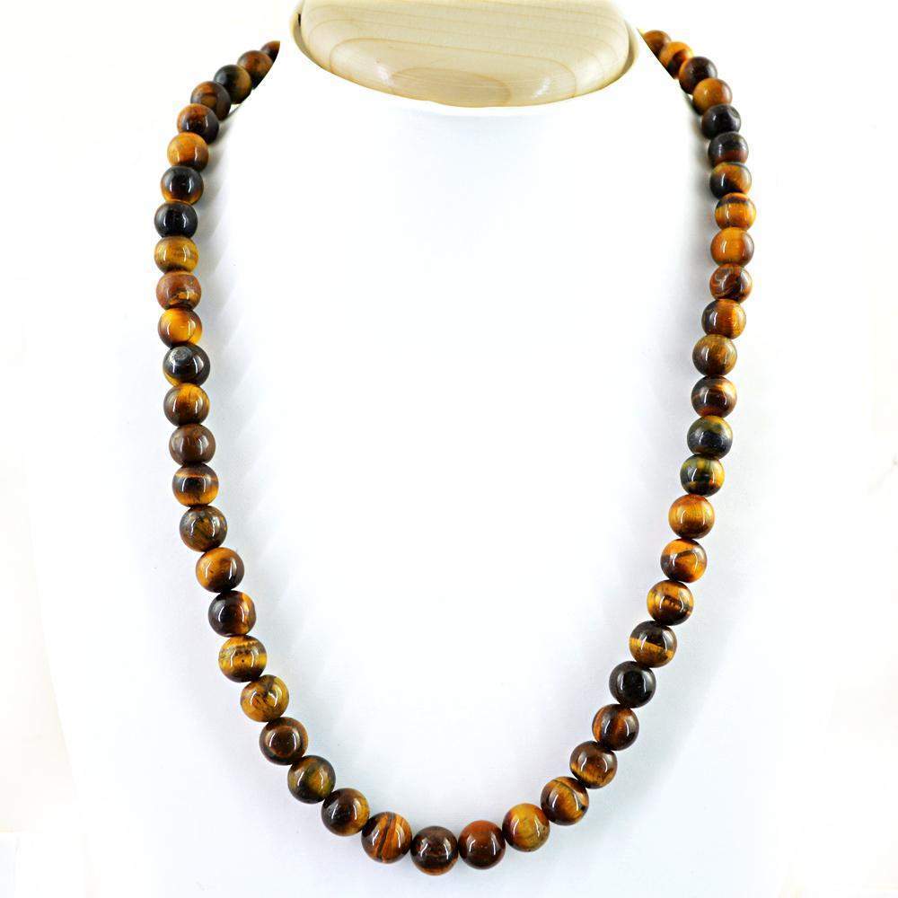 gemsmore:Natural Golden Tiger Eye Necklace Round Shape Untreated Beads