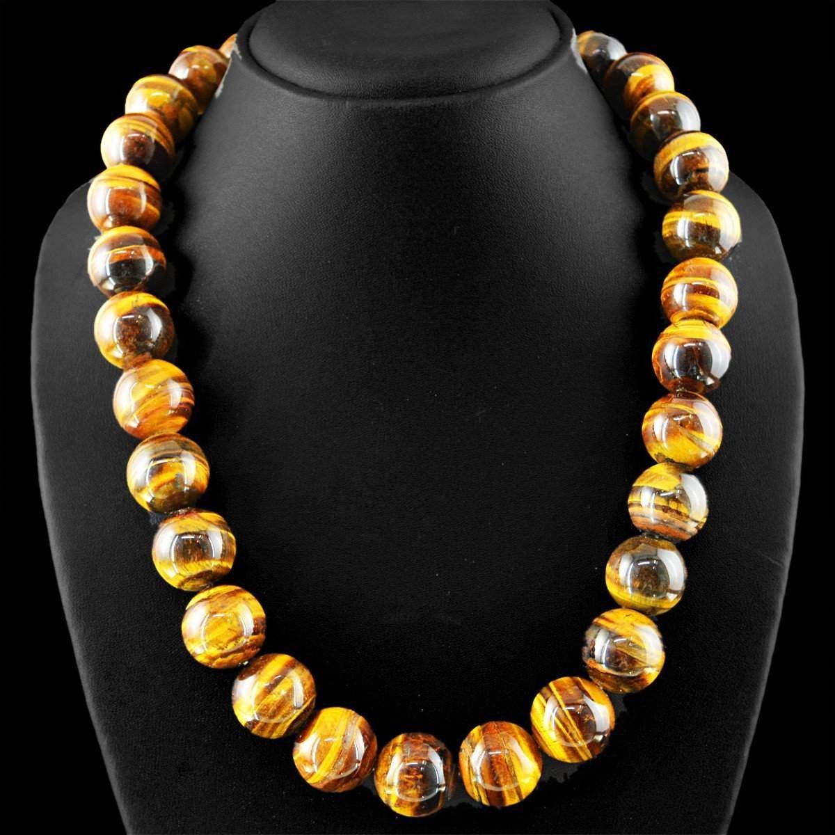 gemsmore:Natural Golden Tiger Eye Necklace Single Strand Round Beads