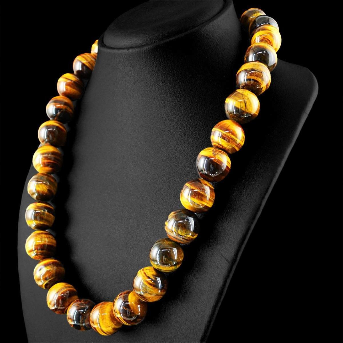 gemsmore:Natural Golden Tiger Eye Necklace Single Strand Round Beads