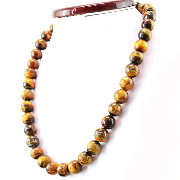 gemsmore:Natural Golden Tiger Eye Necklace Untreated Round Shape Beads