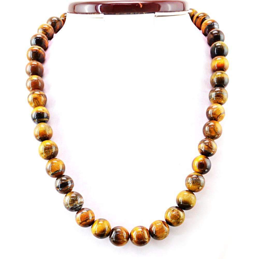 gemsmore:Natural Golden Tiger Eye Necklace Untreated Round Shape Beads