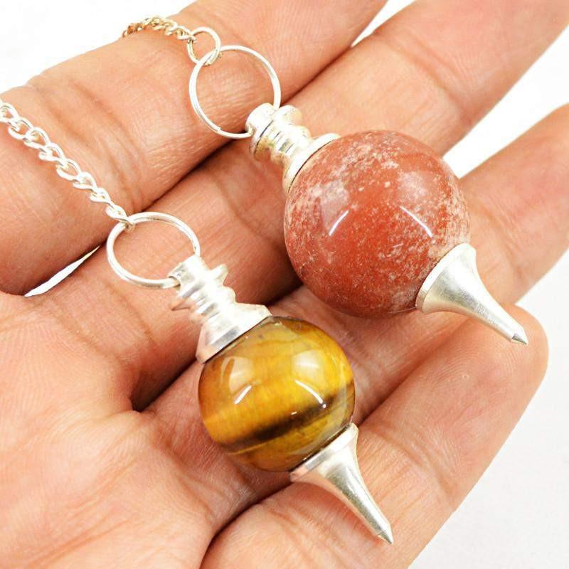 gemsmore:Natural Golden Tiger Eye & Red Jasper Healing Ball Point Pendulum Lot