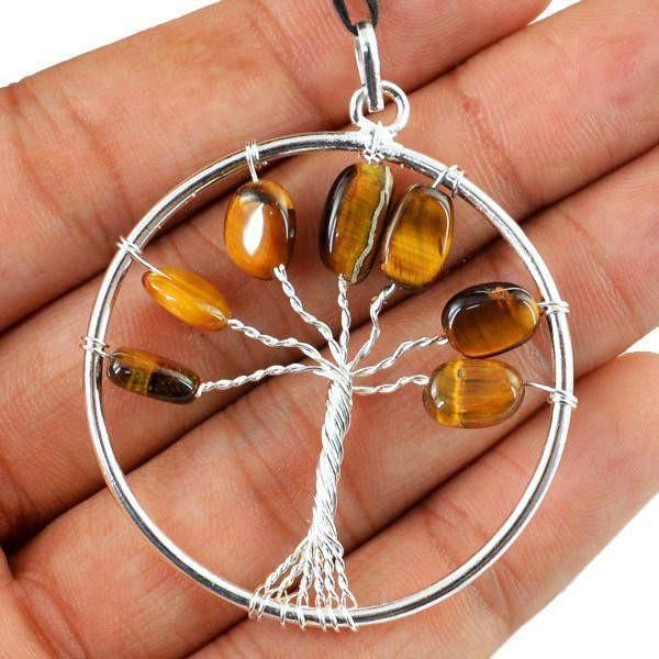 gemsmore:Natural Golden Tiger Eye Round Shape Tree Pendant