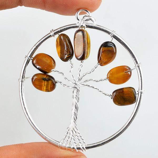 gemsmore:Natural Golden Tiger Eye Round Shape Tree Pendant