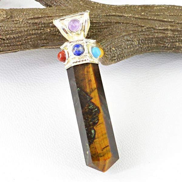 gemsmore:Natural Golden Tiger Eye Seven Chakra Crystal Healing Point Pendant