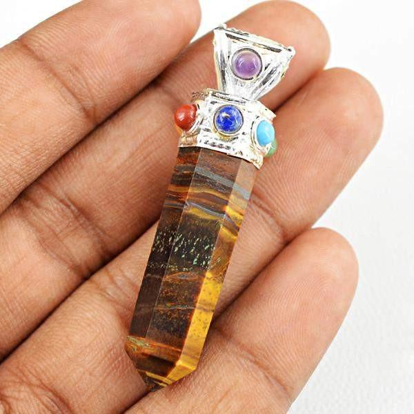 gemsmore:Natural Golden Tiger Eye Seven Chakra Healing Point Pendant