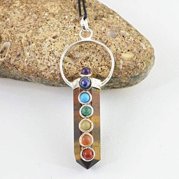 gemsmore:Natural Golden Tiger Eye Seven Chakra Healing Point Pendant