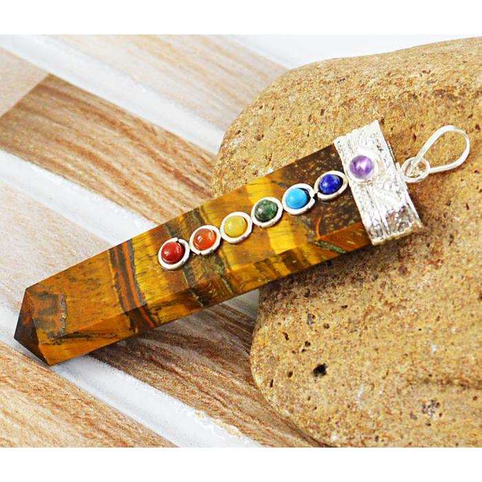 gemsmore:Natural Golden Tiger Eye Seven Chakra Healing Wand Pendant