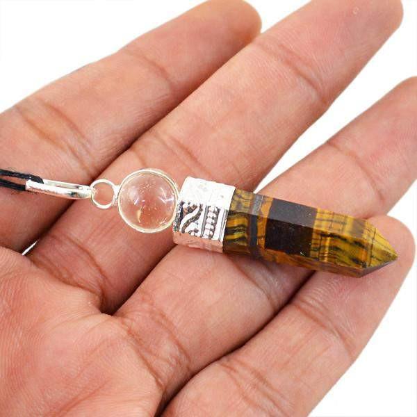 gemsmore:Natural Golden Tiger Eye & White Quartz Healing Ball Point Pendant