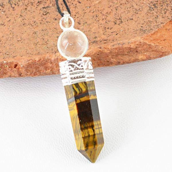 gemsmore:Natural Golden Tiger Eye & White Quartz Healing Ball Point Pendant