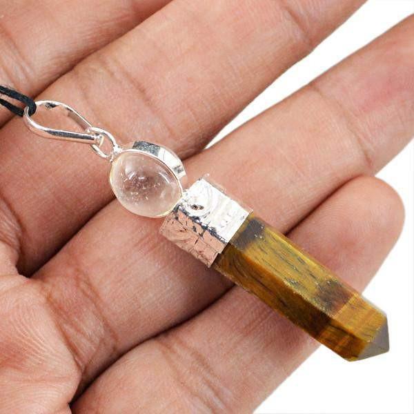 gemsmore:Natural Golden Tiger Eye White Quartz Healing Ball Point Pendant