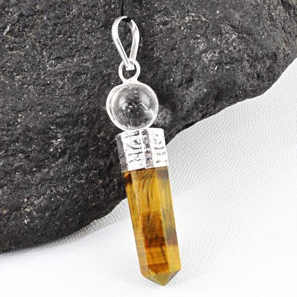 gemsmore:Natural Golden Tiger Eye White Quartz Healing Ball Point Pendant