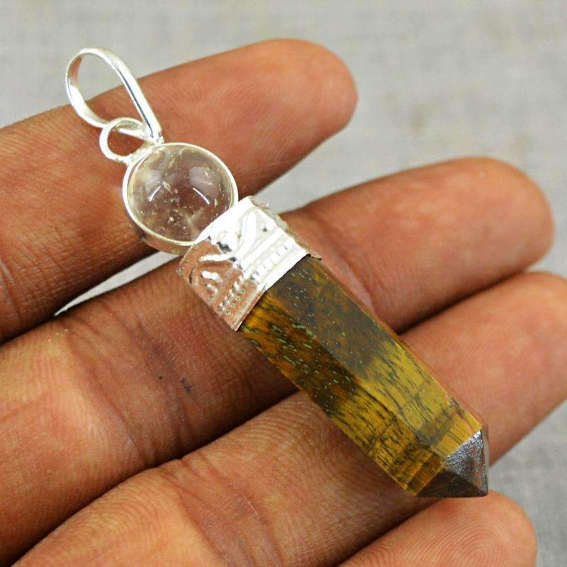 gemsmore:Natural Golden Tiger Eye & White Quartz Healing Ball Point Pendant