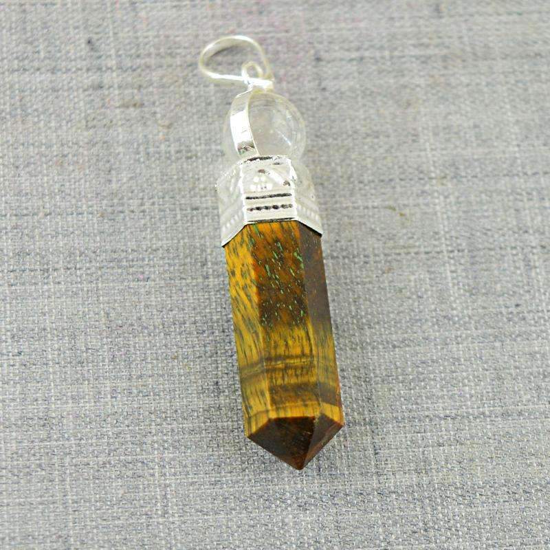 gemsmore:Natural Golden Tiger Eye & White Quartz Healing Ball Point Pendant