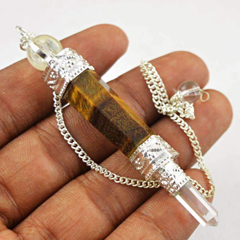 gemsmore:Natural Golden Tiger Eye & White Quartz Healing Ball Point Pendulum