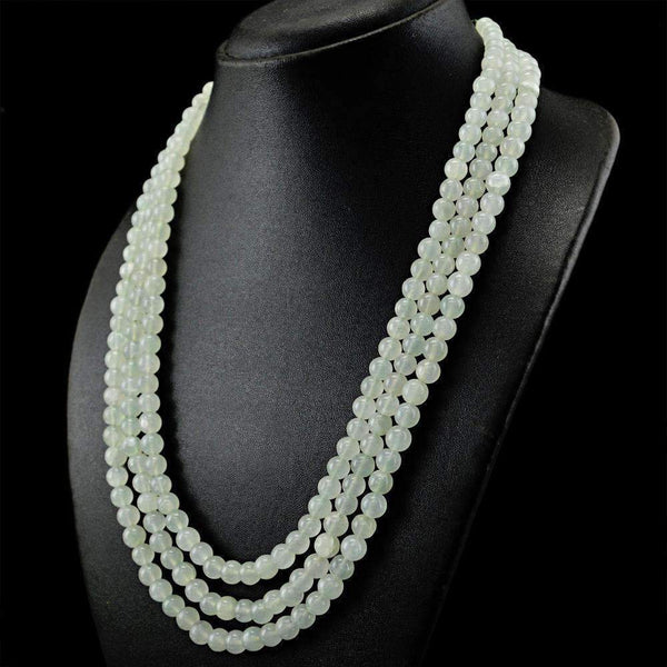 gemsmore:Natural Green Aquamarine Necklace 3 Line Round Shape Beads