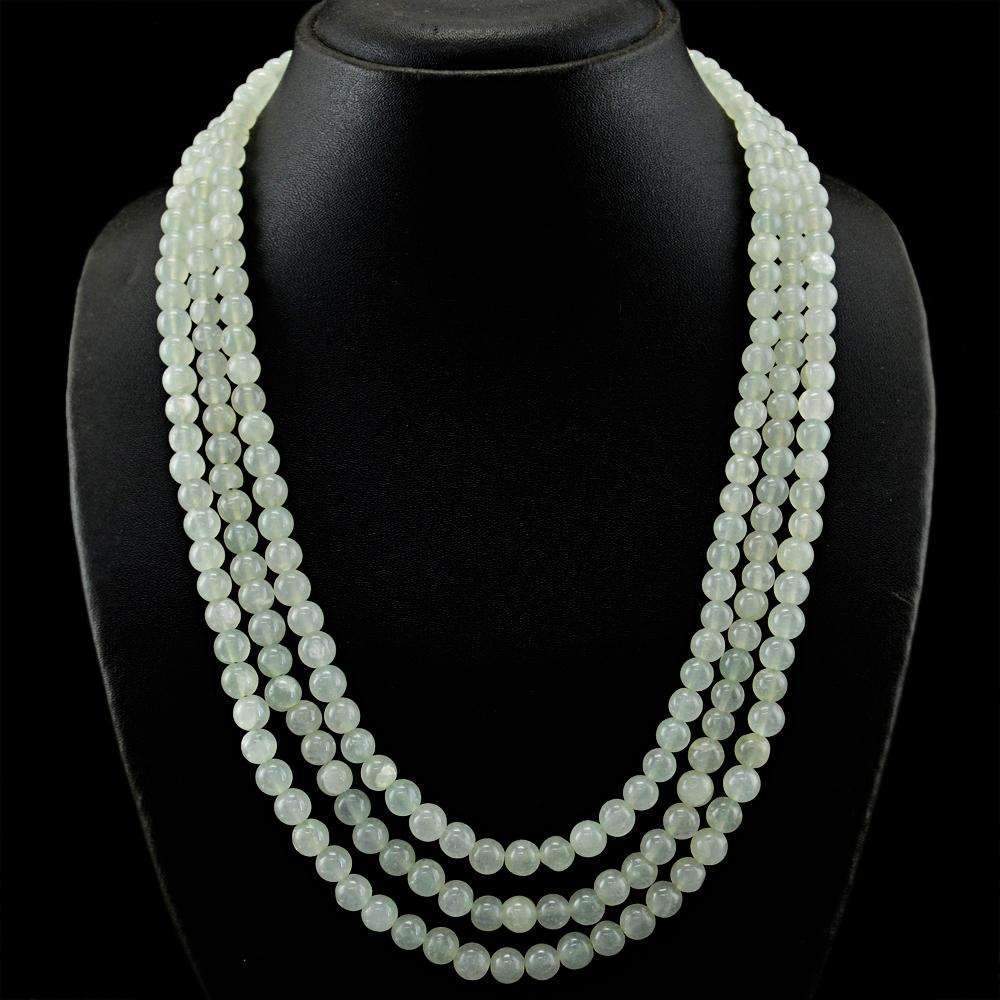 gemsmore:Natural Green Aquamarine Necklace 3 Line Round Shape Beads