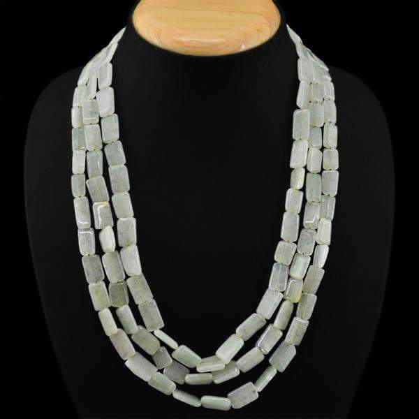 gemsmore:Natural Green Aquamarine Necklace 3 Line Untreated Beads