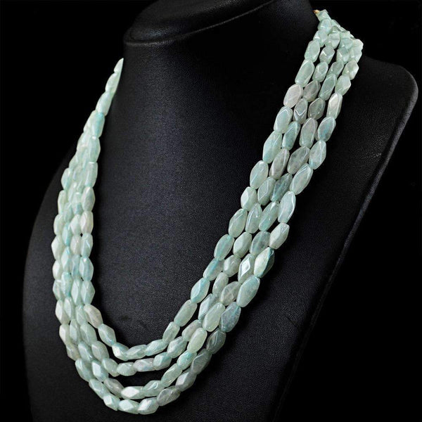 gemsmore:Natural Green Aquamarine Necklace 4 Line Faceted Beads