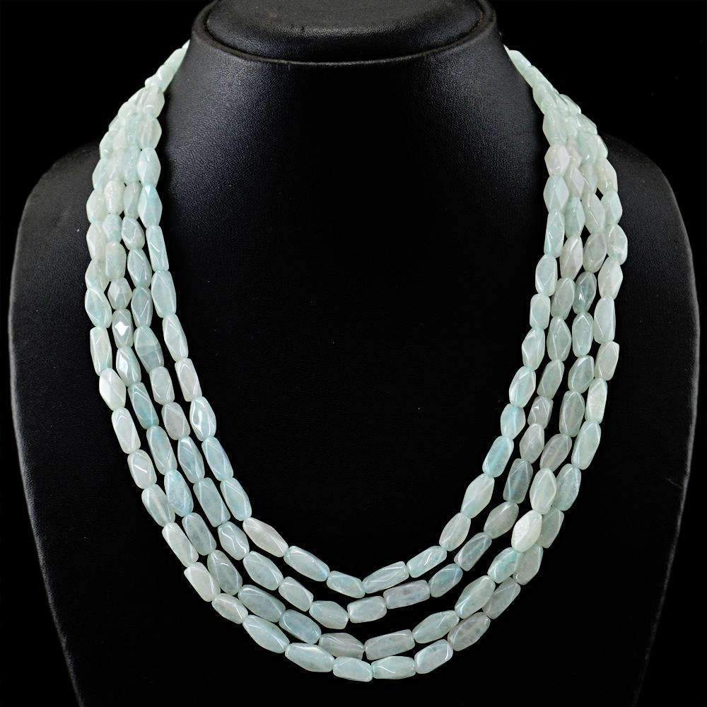 gemsmore:Natural Green Aquamarine Necklace 4 Line Faceted Beads