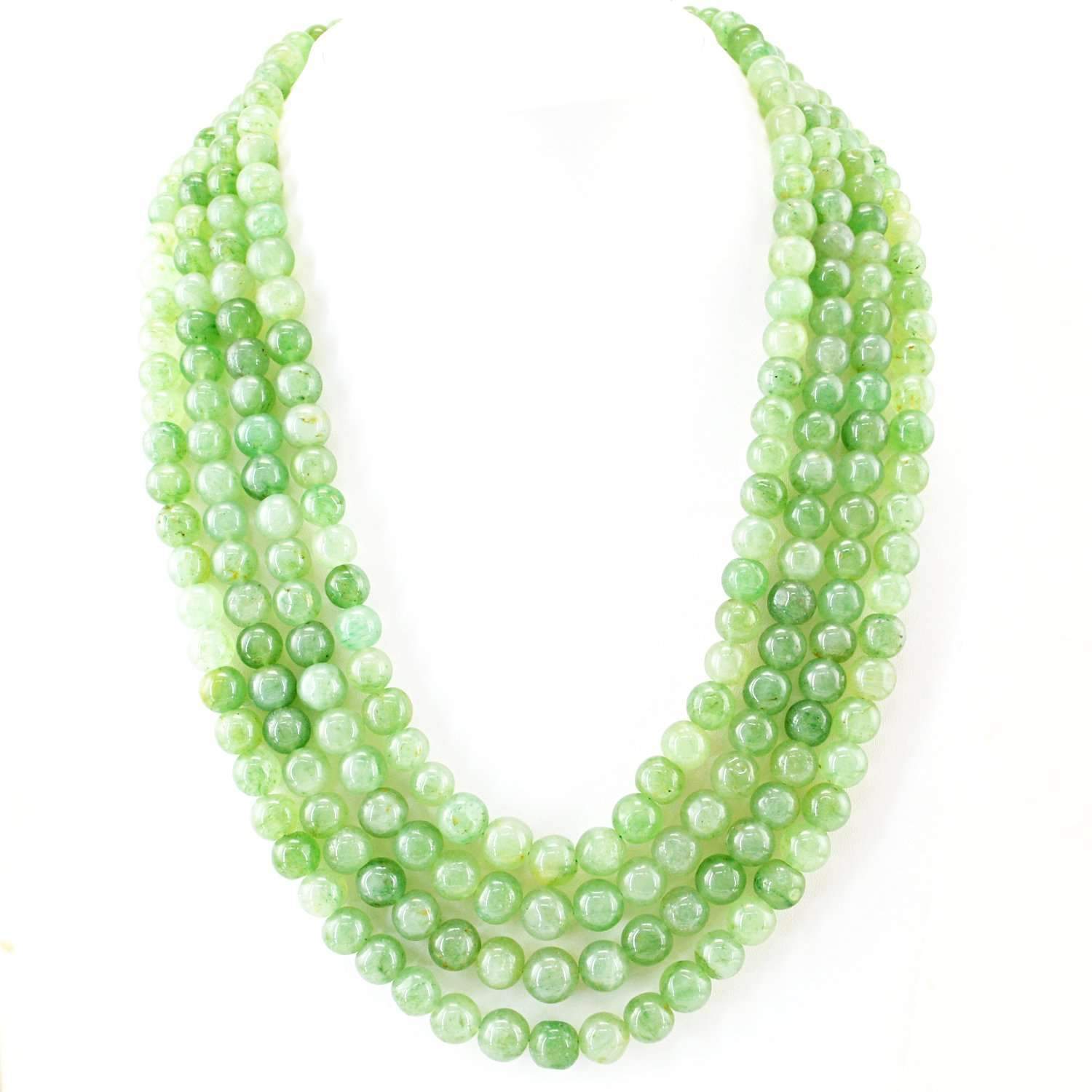 gemsmore:Natural Green Aquamarine Necklace 4 Strand Round Shape Beads